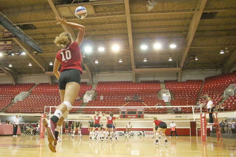 Junior outside hitter Nikki Glass serves the ball against the Binghamton Bearcats Saturday, Sept. 7, 2013. The Wolfpack won three sets to none at Reynolds Coliseum. Photo by Sam Whitlock