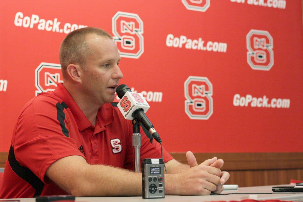 N.C. State head football coach, Dave Doeren, speaks to the media on Aug. 4. Coaches and players gathered at the Murphy Center to be interviewed and photographed in preparation for the 2013 season. The Wolfpack started its season on Aug. 31 against Louisiana Tech.