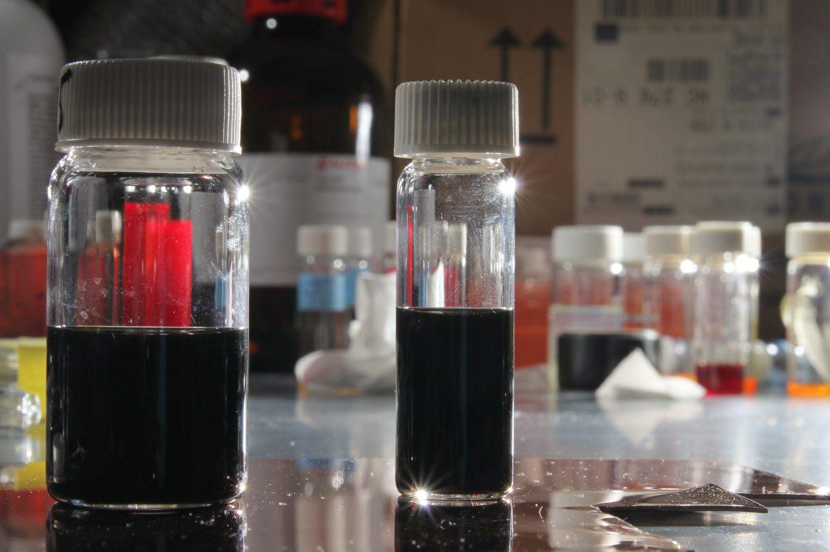 Containers of nickel nanoparticles developed to be used in an airbrush. These nanoparticles act as the catalyst for growing carbon nanofibers. Photo by Tyler Andrews