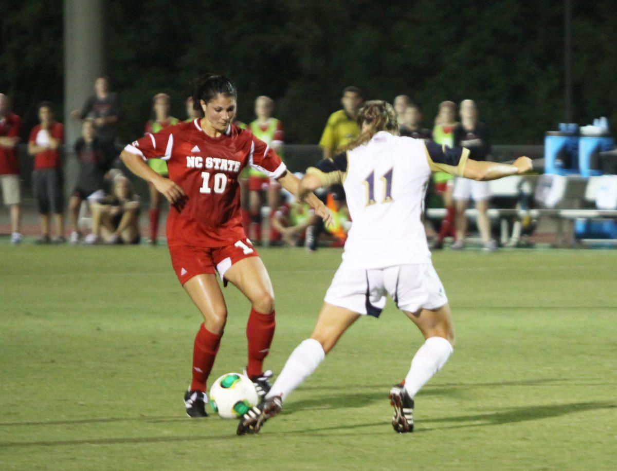 Freshman forward Jackie Stengel maneuvers past a defender Thursday, Sept. 12 at Dail Soccer Stadium. The Wolfpack fell to the Fighting Irish 3-1.