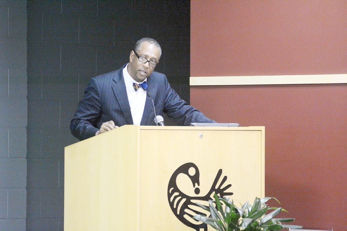 Darryl Lester, assistant director of the African American Cultural Center speaks as part of the Living Legends event in the Washington Sankofa Room in Witherspoon Monday, Oct. 28, 2013. The event featured Reverend C. T. Vivian, a prominent civil rights leader.&#160;