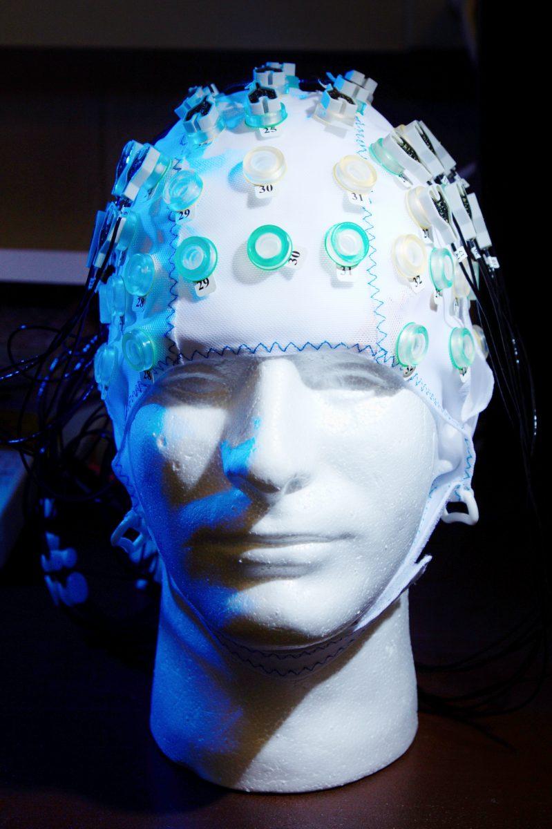 A device used for taking an electroencephalogram of the scalp. Dr. Huang and her researchers are improving algorithms for translating digital data from multiple types of sensors into mechanical control of powered prosthetics. Photo by Tyler Andrews