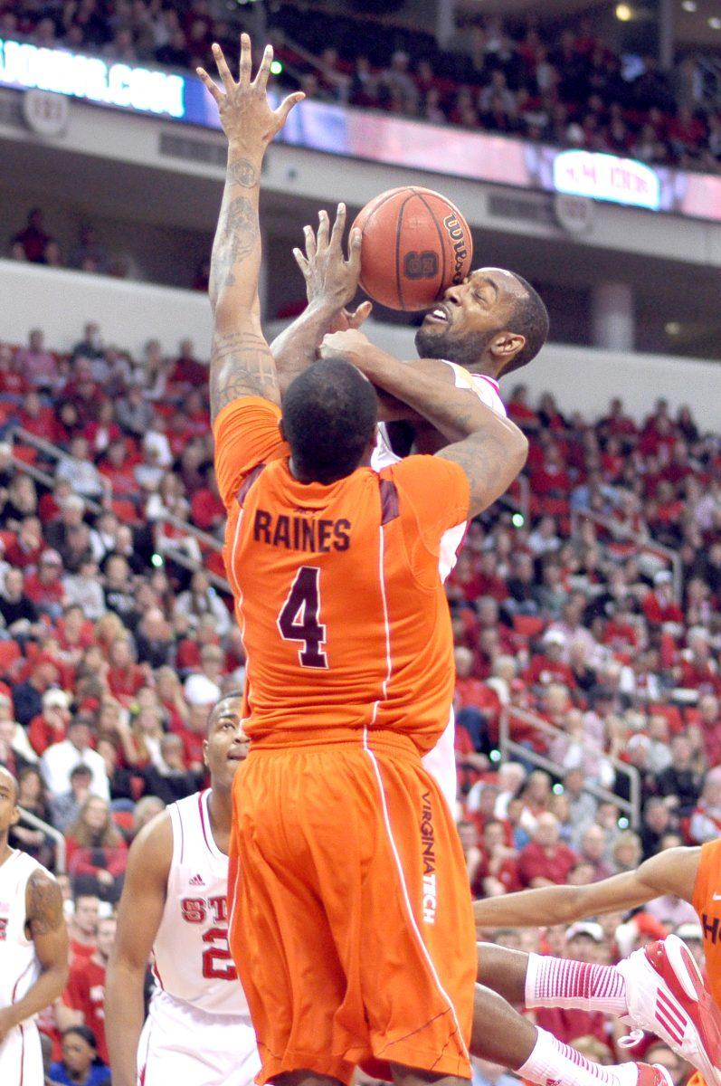 Former N.C. State forward C.J. Leslie has his shot blocked during the game against Virginia Tech in PNC Arena Feb. 16, 2013. The Wolfpack defeated the Hokies 90-86 in overtime.