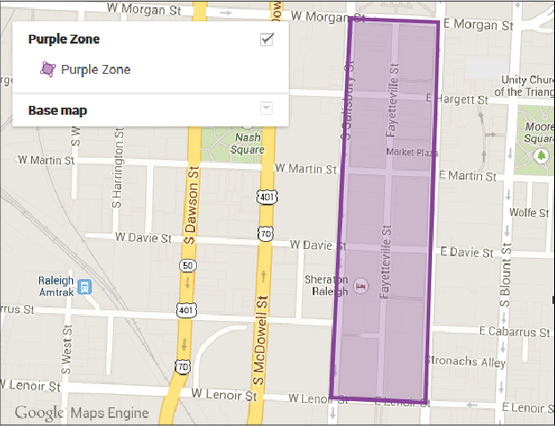 The purple zone consists of some of the more central streets in downtown Raleigh. The city increased prices based on the heavy usage of these parking spots. Source: http://raleighpublicrecord.org