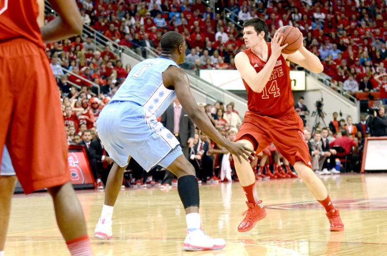 Redshirt senior Jordan Vandenberg looks to pass the ball during the basketball game against North Carolina in PNC Arena Saturday, Jan. 26, 2012. The No. 18 Wolfpack defeated the Tar Heels 91-83, their first victory in the rivalry since 2007.