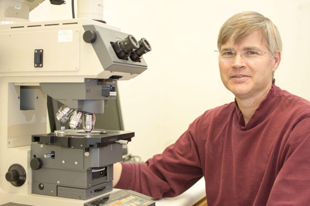 William Flowers, a distinguished professor of Animal Science sits with his fluorescence microscope, which is a key tool in his research of male reproductive physiology. Flowers research focuses on the fertility of male pigs. Photo by Chris Rupert