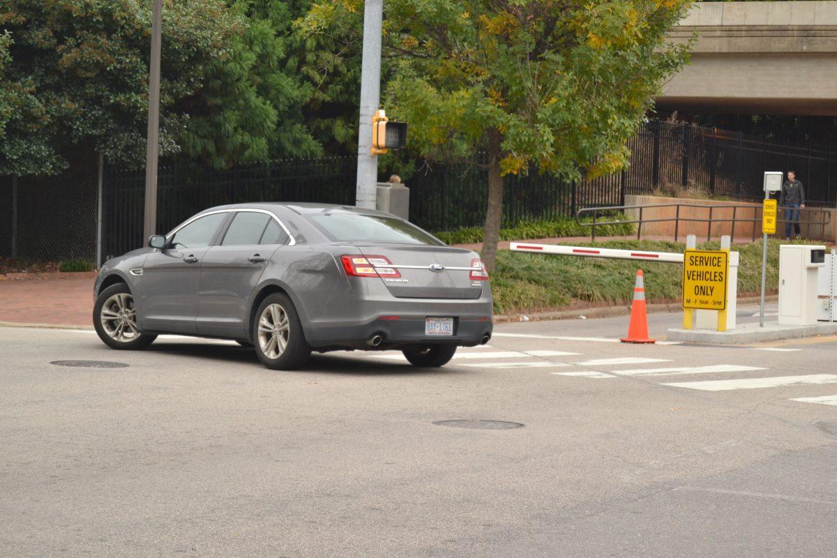 Cars regularly have to perform u-turns when they drive up to the service vehicles only gate on Dan Allen Drive. Photographed by Victoria Crocker.