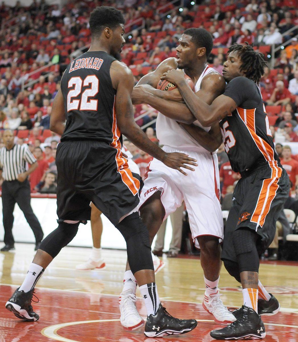 Freshman forward Lennard Freeman fights for possession during the game against Campbell on Nov. 16. Freeman had eight points and seven rebounds in the Wolfpack&#8217;s 81-66 win over the Camels at PNC Arena.