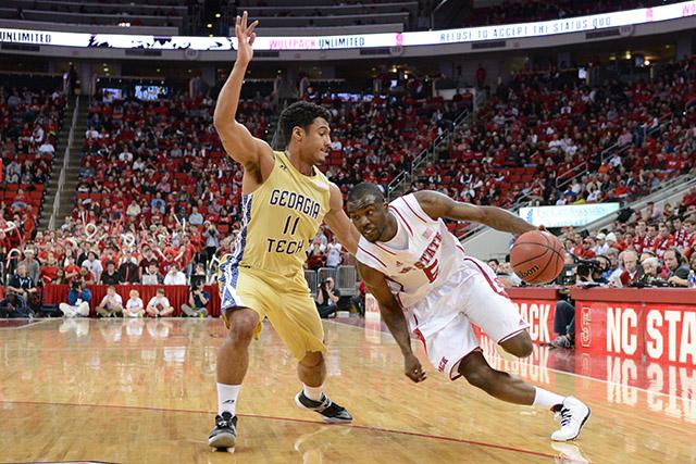 Junior guard Desmond Lee drives to the basket during the game against Georgia Tech in PNC Arena Sunday. Lee scored 11 points, including the game-tying put-back in the last minute of regulation, in the Wolfpack&#8217;s 80-78 overtime victory against the Yellow Jackets.