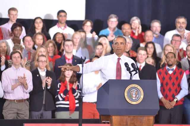 President Obama speaks on the N.C. State campus to announce the Next Generation Power Electronics Institute in the J.W. Isenhour Tennis Complex Wednesday, Jan. 15, 2013.