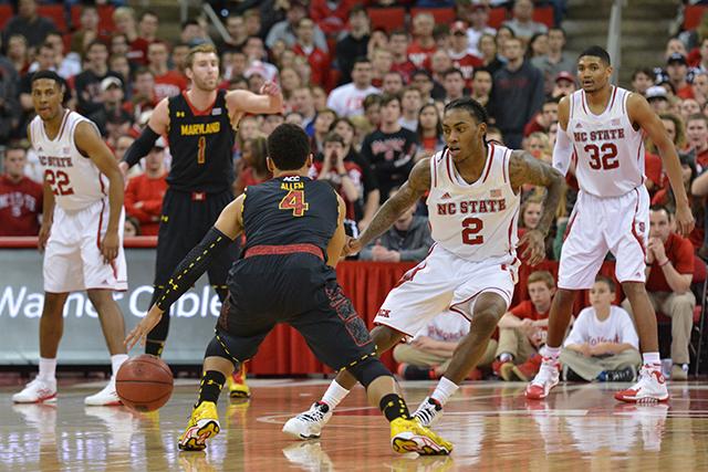 Freshman guard Anthony &#8216;Cat&#8217; Barber plays defense during the game against Maryland in PNC Arena Monday, Jan. 20, 2013. Photo by John Joyner.
