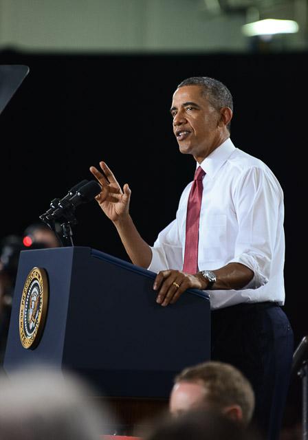 President Obama speaks on the N.C. State campus to announce the Next Generation Power Electronics Institute in the J.W. Isenhour Tennis Complex Wednesday, Jan. 15, 2013.