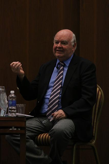 Dr. John Lennox, mathematics professor at the University of Oxford presents a logical case for Christianity and the existence of a God at the McKimmon Center Monday, Jan. 27, 2014. Lennox has debated Atheists such as Richard Dawkins, Christopher Hitchens, and Peter Singer. Photo by Sam Whitlock.