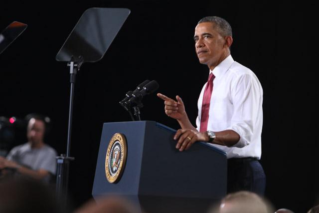President Obama speaks on the N.C. State campus to announce the Next Generation Power Electronics Institute in the J.W. Isenhour Tennis Complex Wednesday, Jan. 15, 2013.