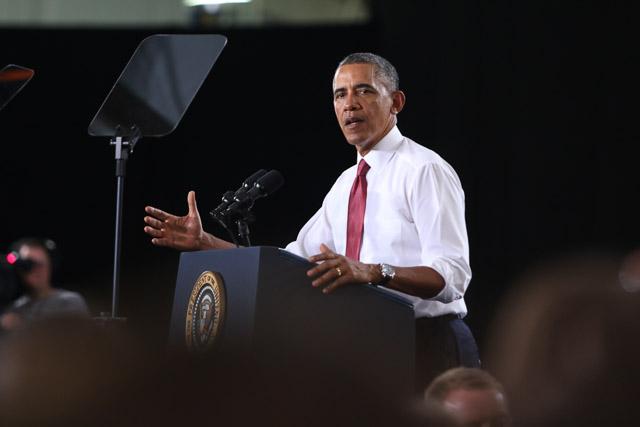 President Obama speaks on the N.C. State campus to announce the Next Generation Power Electronics Institute in the J.W. Isenhour Tennis Complex Wednesday, Jan. 15, 2013.