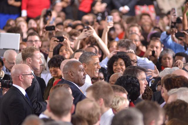 President Obama speaks on the N.C. State campus to announce the Next Generation Power Electronics Institute in the J.W. Isenhour Tennis Complex Wednesday, Jan. 15, 2013.