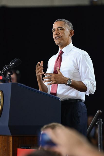 President Obama speaks on the N.C. State campus to announce the Next Generation Power Electronics Institute in the J.W. Isenhour Tennis Complex Wednesday, Jan. 15, 2013.