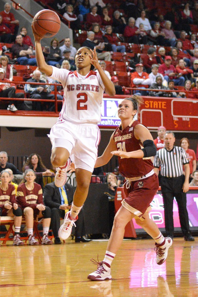 Redshirt junior guard Len&#8217;Nique Brown takes a shot during the game against Boston College in Reynolds Coliseum on Thursday. Brown scored 15 points in the Wolfpack&#8217;s 85-76 defeat of the Eagles.&#160;