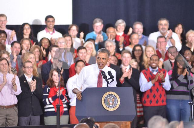 President Obama speaks on the N.C. State campus to announce the Next Generation Power Electronics Institute in the J.W. Isenhour Tennis Complex Wednesday, Jan. 15, 2013.