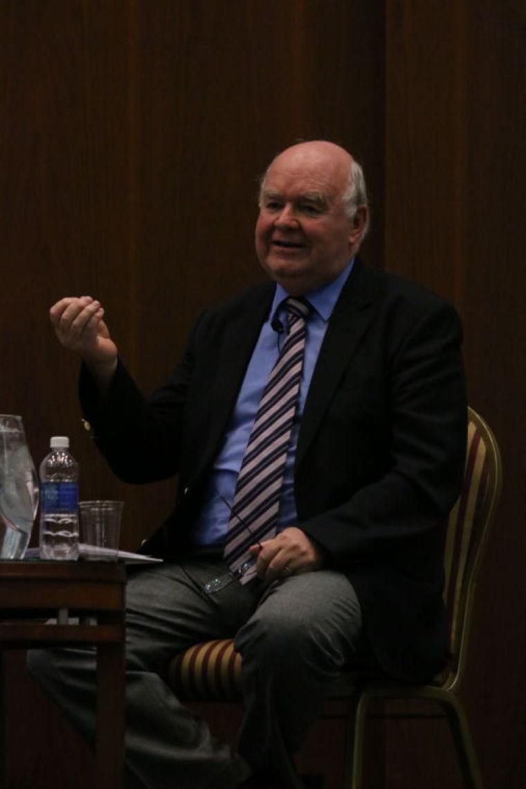 Dr. John Lennox, mathematics professor at the University of Oxford presents a logical case for Christianity and the existence of a God at the McKimmon Center Monday, Jan. 27, 2014. Lennox has debated Atheists such as Richard Dawkins, Christopher Hitchens, and Peter Singer. Photo by Sam Whitlock.