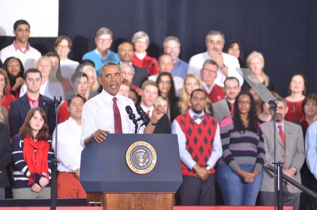 President Obama speaks on the N.C. State campus to announce the Next Generation Power Electronics Institute in the J.W. Isenhour Tennis Complex Wednesday, Jan. 15, 2013.