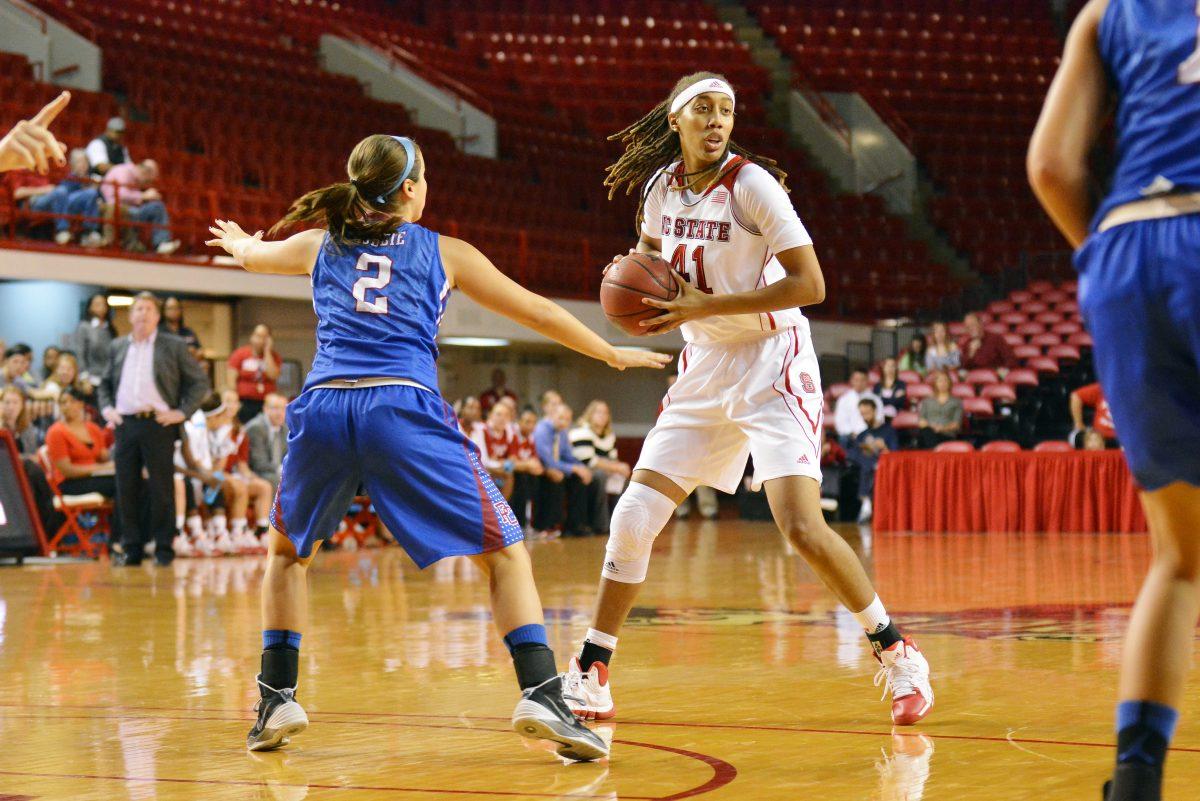 Redshirt senior forward/center Lakeesa Daniel looks to pass the ball during the game against Presbyterian in Reynolds Coliseum Saturday, Nov. 16, 2013. The Wolfpack defeated the Blue Hose 85-45.&#160;