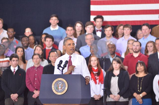 President Obama speaks on the N.C. State campus to announce the Next Generation Power Electronics Institute in the J.W. Isenhour Tennis Complex Wednesday, Jan. 15, 2013.