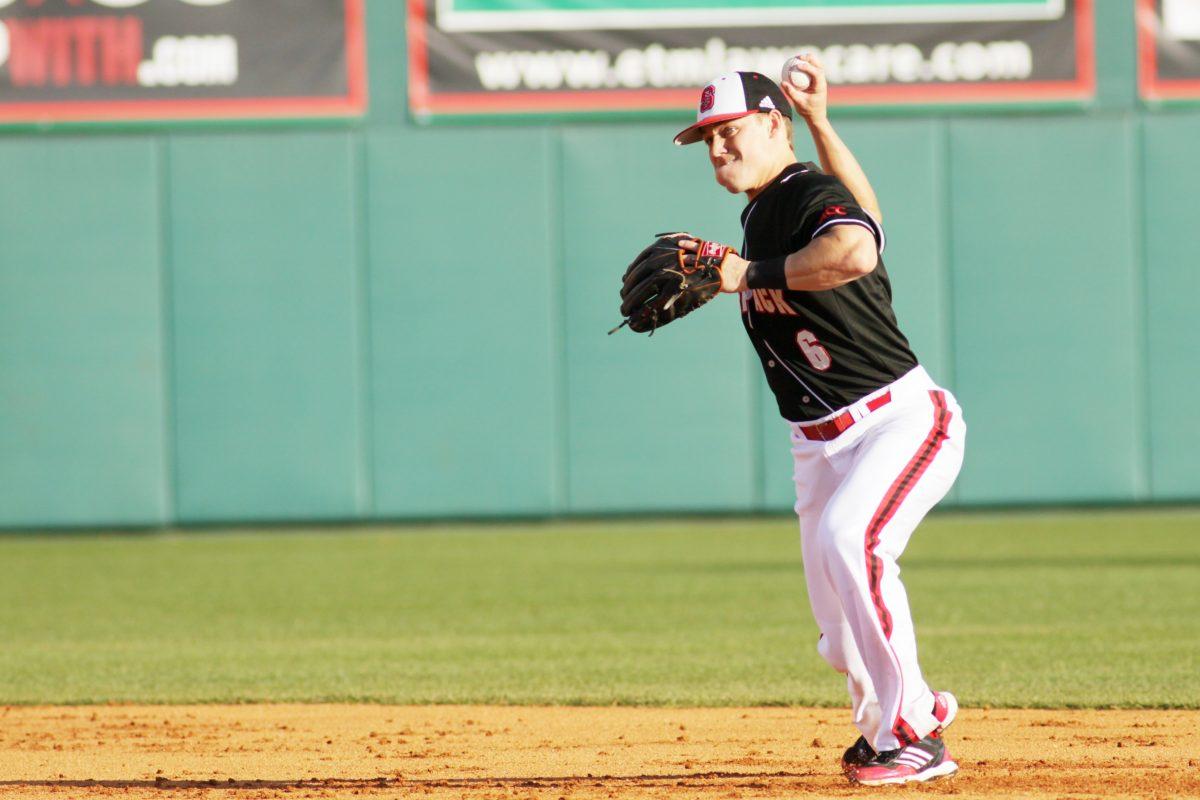 Junior second baseman Logan Ratledge throws the ball to first base during N.C. State&#8217;s 6-5 victory over Appalachian State at Doak Field on Feb. 21.