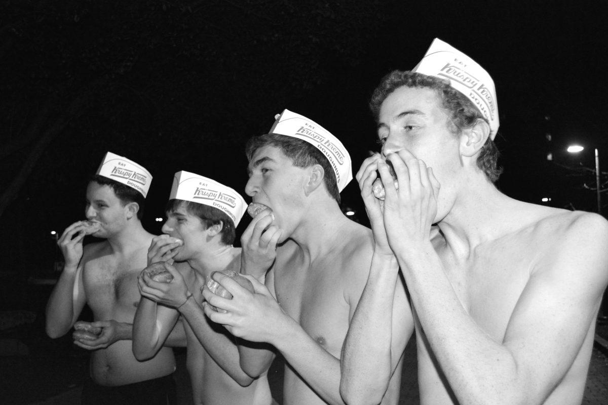 [From left to right] Peter Sherk, Alex Smith, Andy Masten and Paul McNeely from, &#8220;The Cast of the Wicked,&#8221; practice eating doughnuts as fast as they can for their intense training for the Krispy Kreme Challenge on Saturday morning.