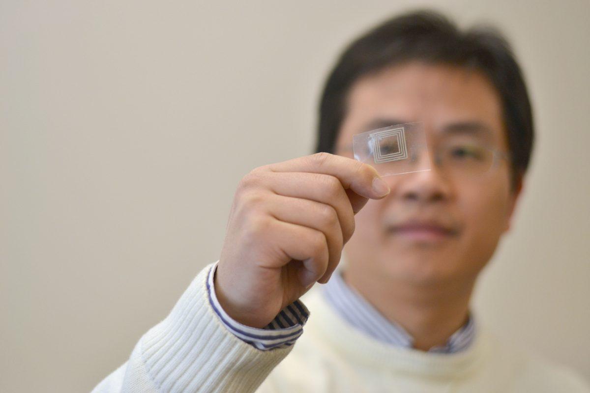 Yong Zhu displays a silver nanosensor prototype he and doctoral student Shanshan Yao have developed. The technology is designed to integrate into wearable devices, such as prosthetics or flexible touch pads to sense motions of the body. &#160;