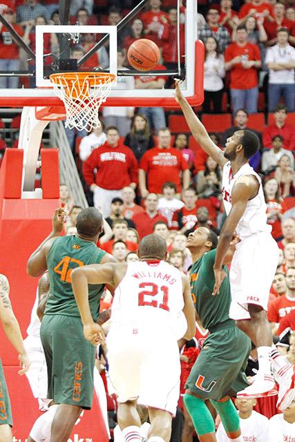 Former N.C. State forward C.J. Leslie takes a shot over Miami&#8217;s defence in the game on Jan. 22, 2012 at the RBC Center, since renamed the PNC Arena. The Wolfpack defeated the Hurricanes, 78-73.