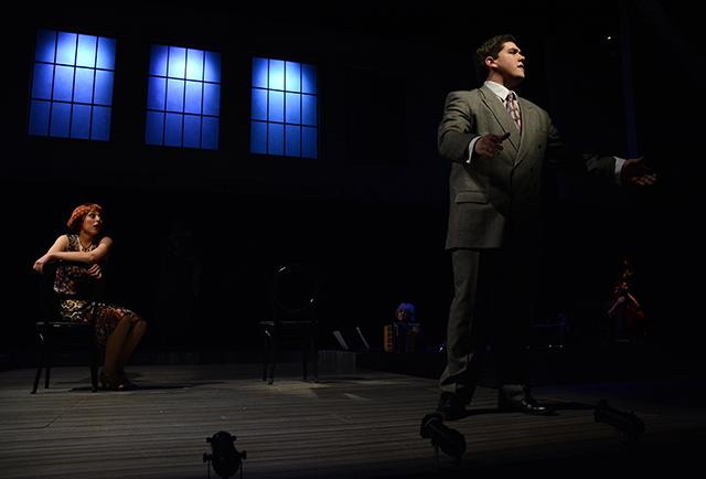 Andrew Enloe, a junior in communication, plays Billy Flynn and sings &#8220;We Both Reached for the Gun&#8221; to Brett Williams, a post
baccalaur studies student, who plays Roxie Hart. In the song, Flynn explains to Hart how to make the murder she committed