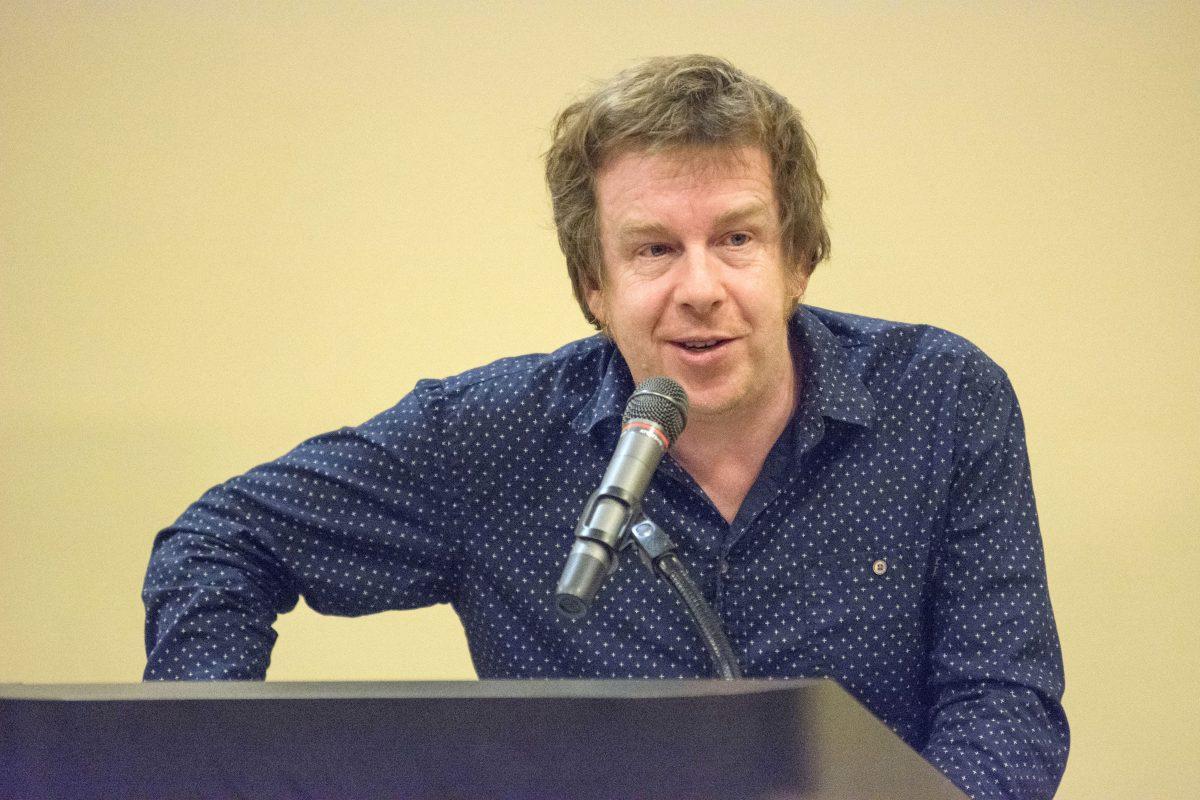 Kevin Barry, author of City of Bohane and winner of the International IMPAC Dublin Literary Award speaks in Caldwell Lounge Wednesday, Feb. 19, 2014. Barry read selections from his books and short stories and spoke about Irish literature.