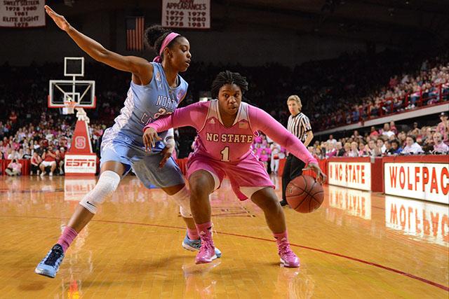 Senior guard Myisha Goodwin-Coleman works her way to the basket during the Hoops 4 Hope game between No. 10 N.C. State and No. 17 North Carolina in Reynolds Coliseum Sunday. Goodwin-Coleman had 13 points and five steals against the Tar Heels, but State fell to Carolina, 89-82.