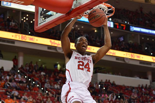 Sophomore forward T.J. Warren dunks the ball during the game against Campbell in PNC Arena Nov. 16. The Wolfpack defeated the Camels, 81-66.
