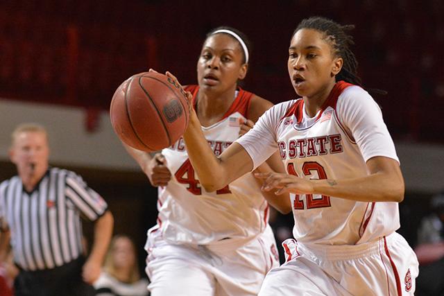 Junior guard Krystal Barrett moves the ball down the court during State&#8217;s game against No. 8 Maryland in Reynolds Coliseum Jan. 30. Barrett scored nine points in the Wolfpack&#8217;s 72-63 victory over the Terrapins.