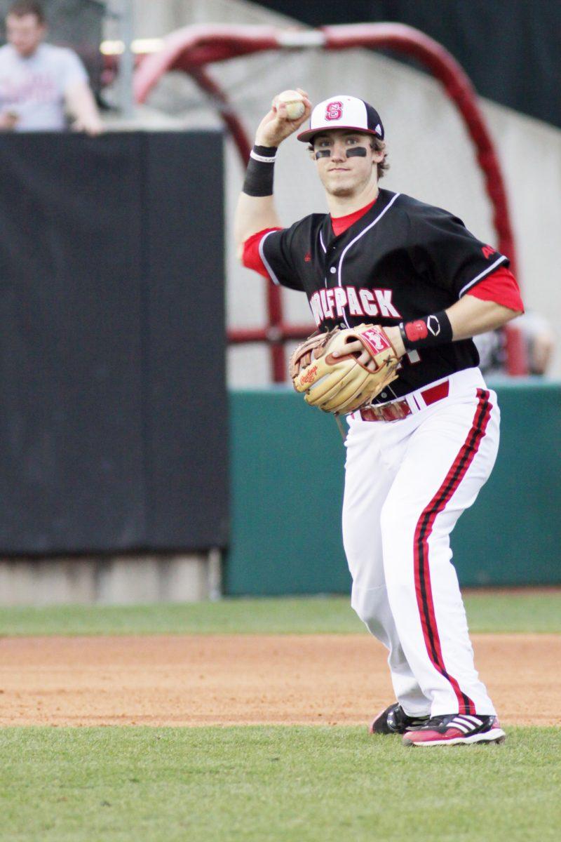 Freshman third baseman Andrew Knizner throws the ball to first base during N.C. State&#8217;s game against Appalachian State at Doak Field Feb. 21. Knizner went one-for-four at the plate and scored a run, helping the Wolfpack defeat the Mountaineers, 6-5.