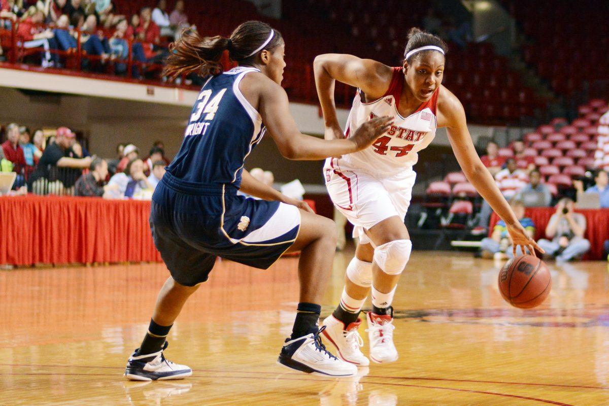 Senior forward Kody Burke drives to the basket during the senior day game between No. 13 N.C. State and No. 2 Notre Dame in Reynolds Coliseum Sunday. The Wolfpack fell to the Fighting Irish, 84-60.&#160;