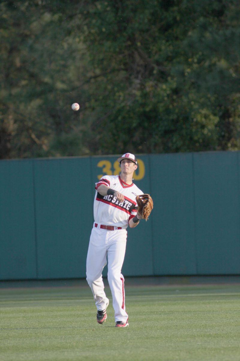 Junior right fielder Jake Armstrong throws the ball into the infield during N.C. State 3-2 victory over East Carolina Wednesday afternoon.