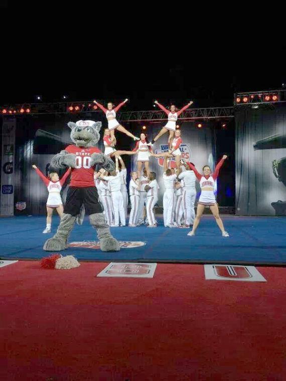 N.C. State&#8217;s large coed cheerleading team forms a pyramid at the Collegiate Cheer and Dance Championship Saturday.