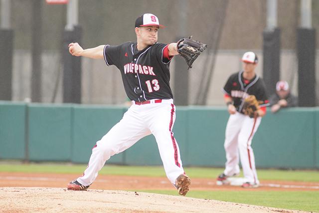 Senior pitcher Andrew Woeck throws the ball before facing Miami on March 30. The 2-1 loss dropped the Wolfpack's record 15-10 overall and 3-8 in the ACC.