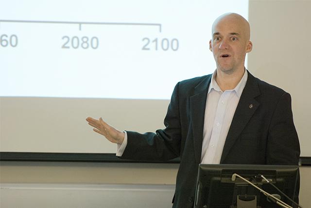 Barry W. Brook, Sir Hubert Wilkins Chair of Climate Change at the University of Adelaide speaks on the effects of fossil fuel on the environment Tuesday in David Clark Labs. Photo by Chris Rupert