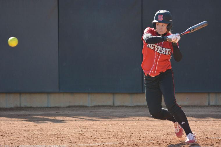 &#160;
Sophomore third baseman Lana Van Dyken prepares to make a running hit during NCSU&#8217;s first game of a double-header against UNC-Wilmington Wednesday at Dail Softball Stadium.