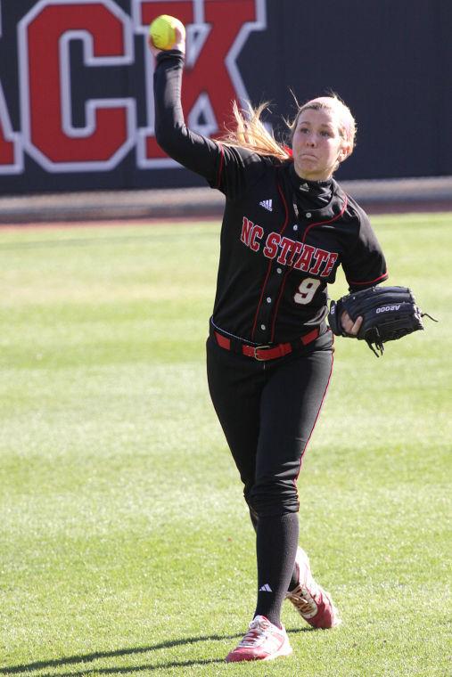 Freshman left-fielder Hannah Yeager throws the ball during warm ups at the N. C. State win over Elon University March 26. The 13-5 win improved the Wolfpack&#8217;s record to 20-10. The team&#8217;s next home appearance will occur April 9 against East Carolina.
