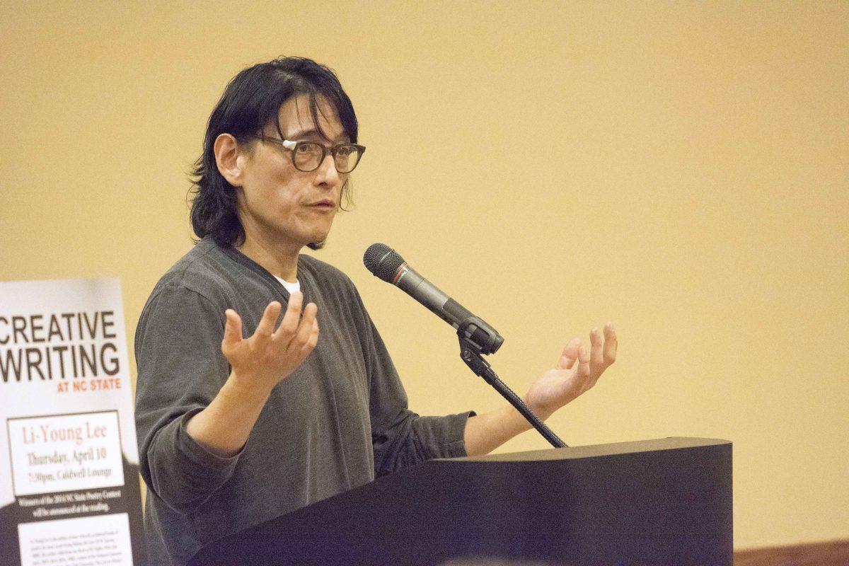 Li-Young Lee, an award winning poet speaks at the Annual N.C. State Poetry Contest Thursday in Caldwell Lounge. Lee, who guest judged the competition helped present awards and read some of his personal poetry. Photo by Chris Rupert