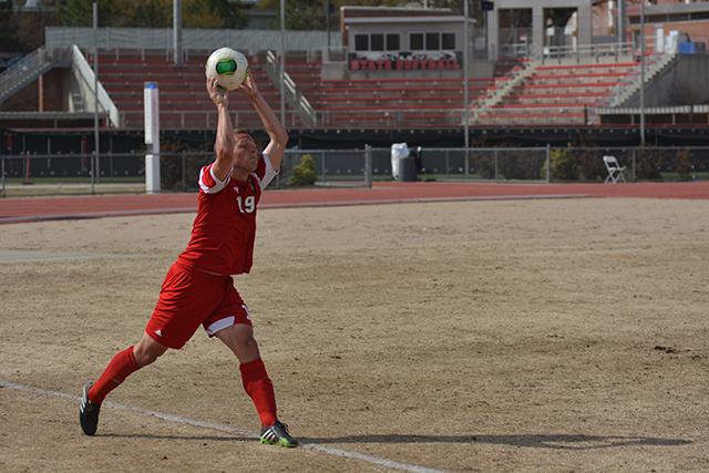 Senior right back Ryan Metts launches a throw-in against Navy April 5 at the Dail Soccer Stadium.