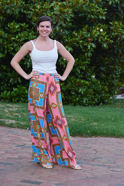 Jordan Lassiter, junior in public health at Meredith College, models a pair of palazzo outside of Witherspoon Student Center May 20, 2014.