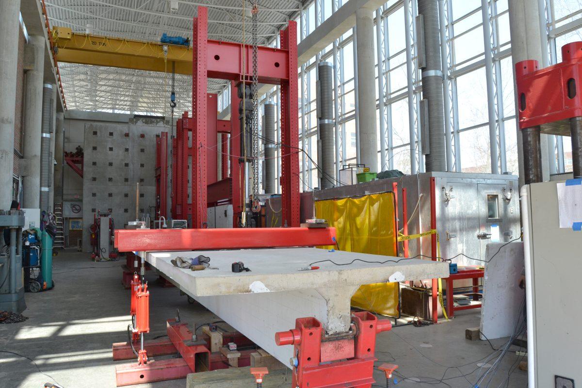The inside of the Constructed Facilities Laboratory is used to test large to full-scale structural systems under a wide variety of environmental conditions on Centennial Campus.&#160;