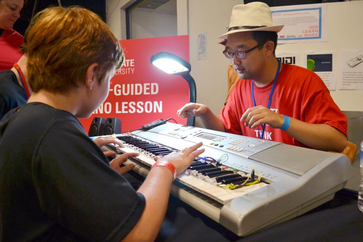 The Maker Faire, that was hosted on Saturday June 7 at the North Carolina Fair Grounds, served as an opportunity for the community to showcase invention and innovation, including many NC State students. One of the many DIY projects on display was an LED piano that guides lessons by flashing a light on what key should be played.