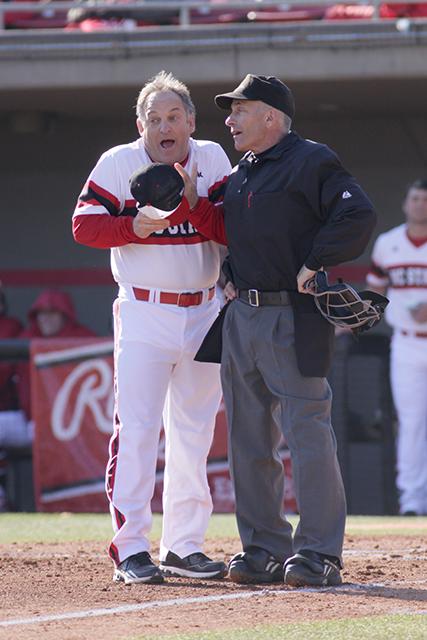 Head coach Elliot Avent argues a call during the 3-0 victory over Michigan on Friday, Feb. 28 at Doak Field.